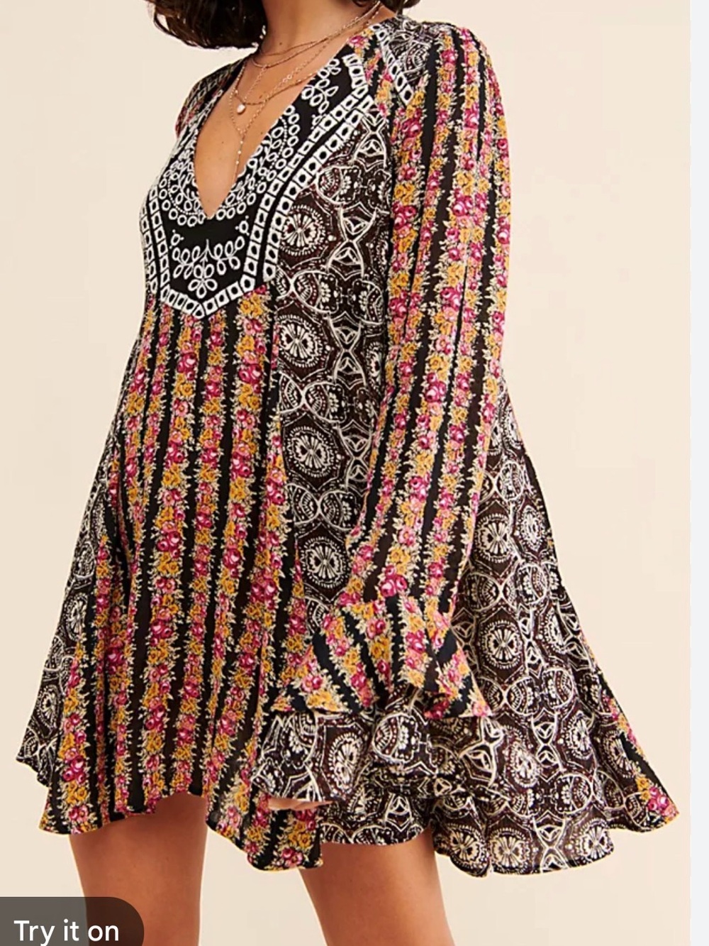 Free People Fallin Into You Long Sleeve Boho Mini Tunic Dress Floral Size Small